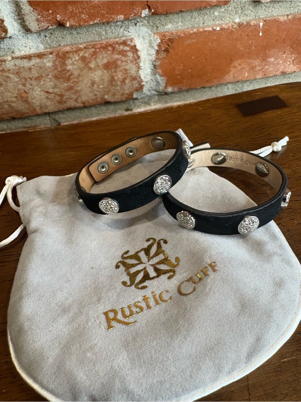 Rustic Cuff Lot of 2 Black Suede Silver Logo Medallion Studded Skinny Cuffs